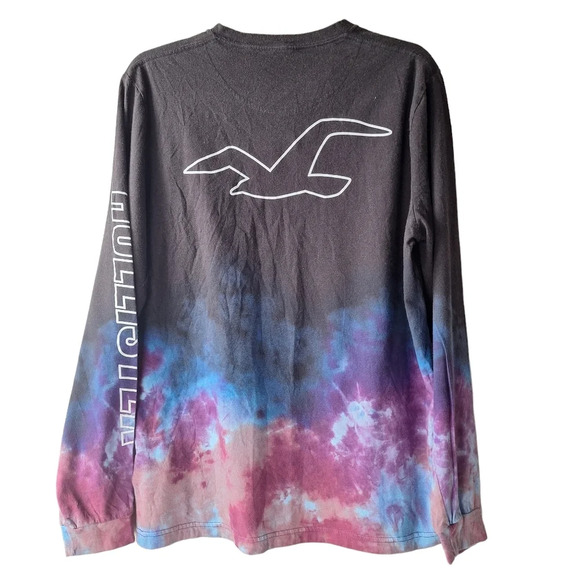Hollister Men Large‎ Black Tie-Dye Long Sleeve Crew-Neck Graphic Logo Tee Shirt - Picture 2 of 11